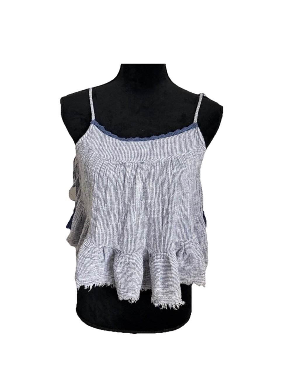 Aerie Tank Top Womens S Blue Stripe Scoop Neck Ruffle Hem Tassel Fringe Nautical